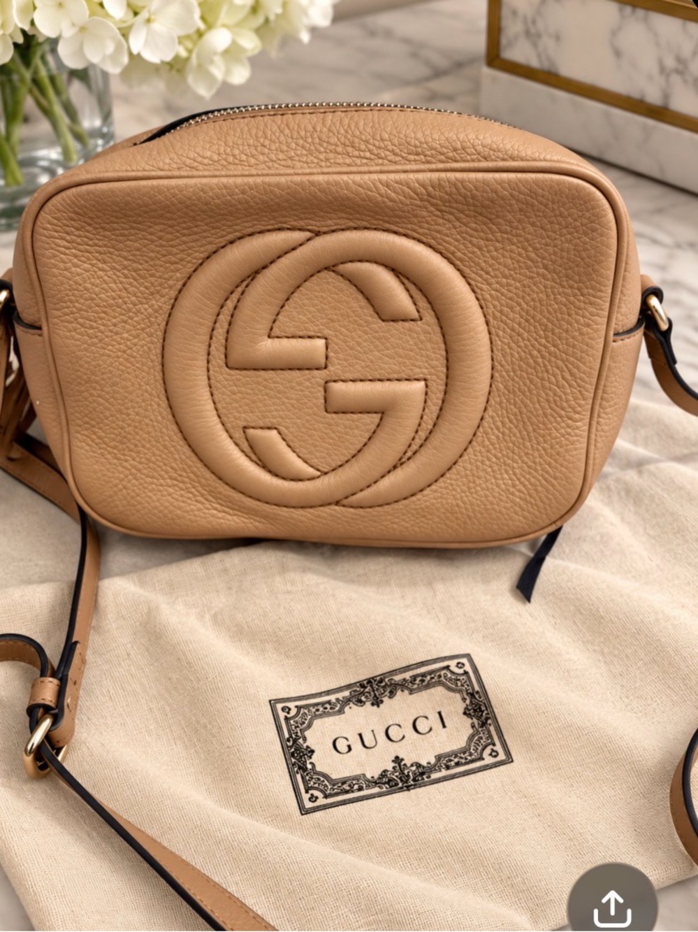 Gucci Tan Pebbled Leather Crossbody with Embossed Interlocking G